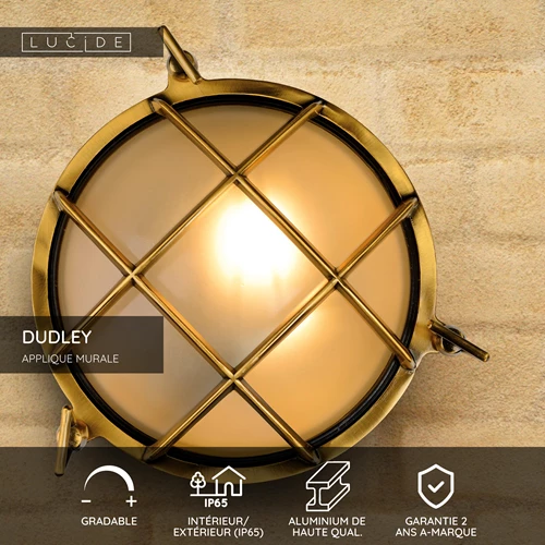 Lucide DUDLEY - Applique murale Intérieur/Extérieur - Ø 22 cm - 1xE27 - IP65 - Or Mat / Laiton - USP